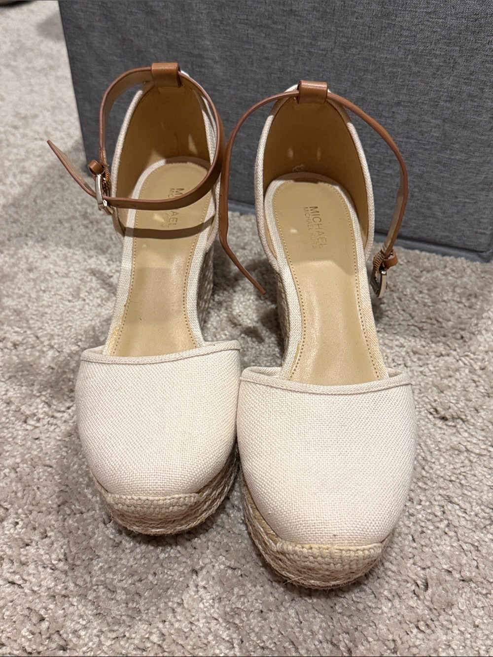 Michael Kors Cream Canvas Espadrille Wedges with Brown Ankle Straps